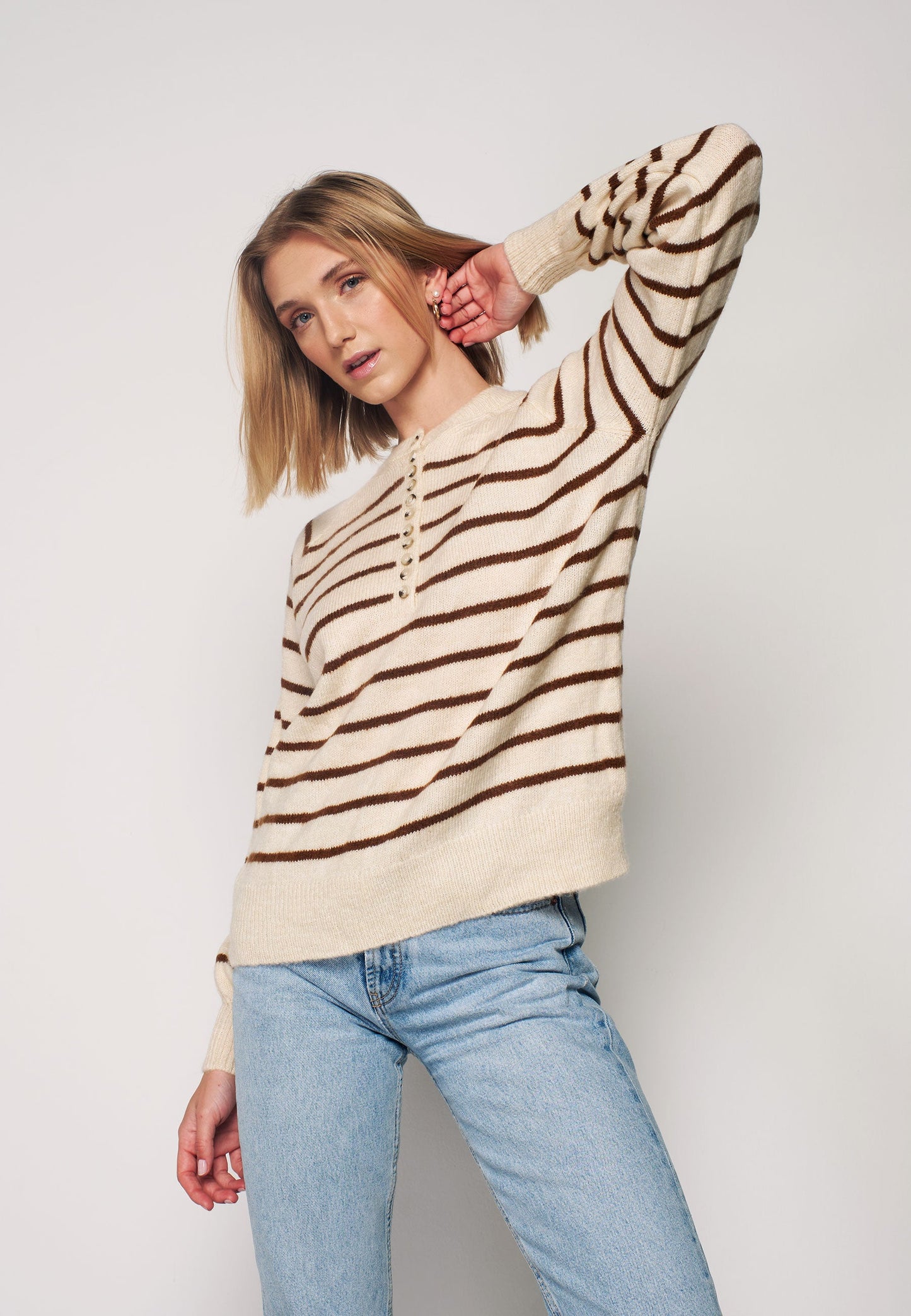 Herita Women's Turtleneck Striped Knit Sweater with Buttonhole Collar