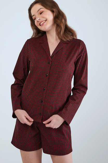Partterned Shirt Long Sleeve Pyjama Set - Maroon
