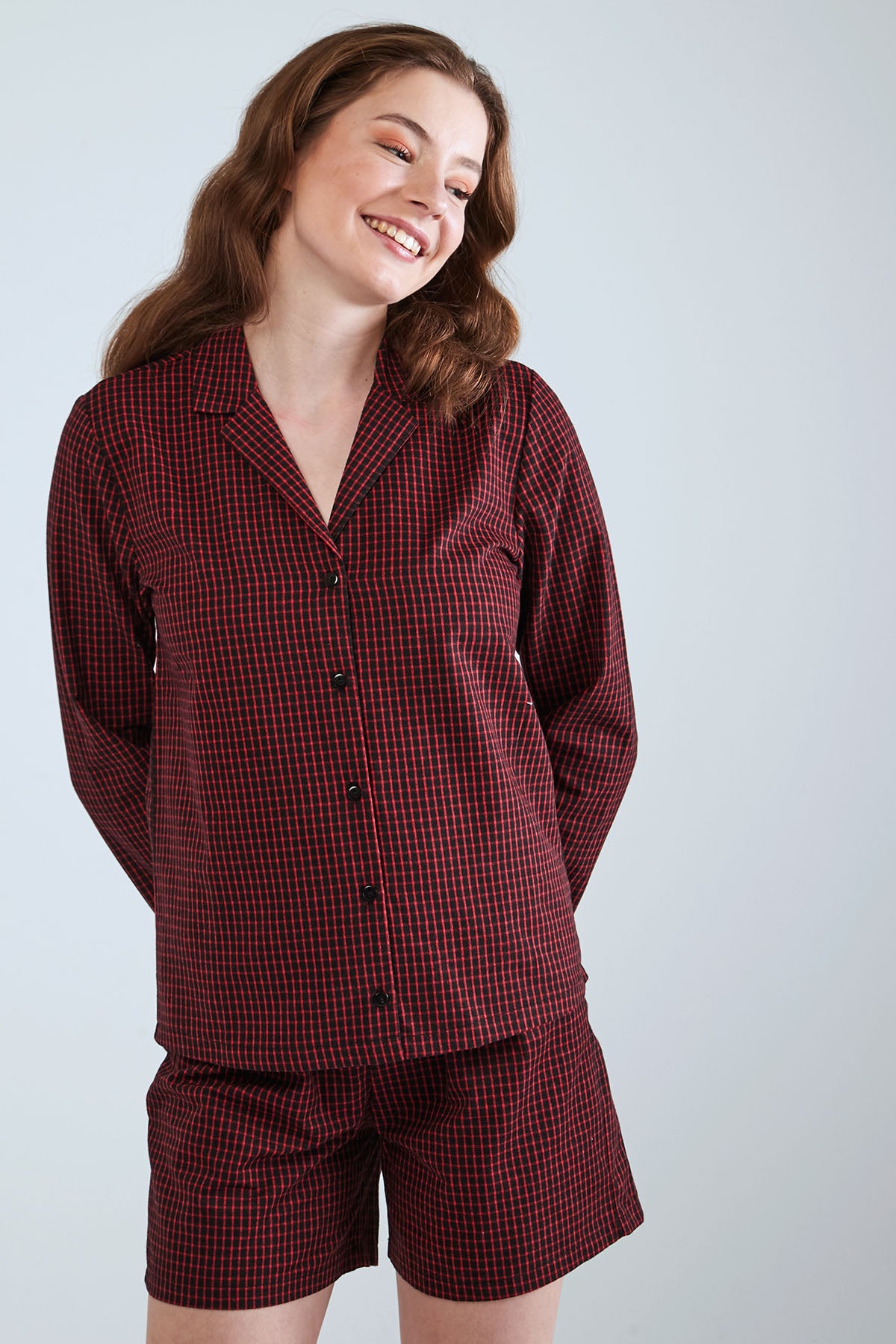 Partterned Shirt Long Sleeve Pyjama Set - Maroon