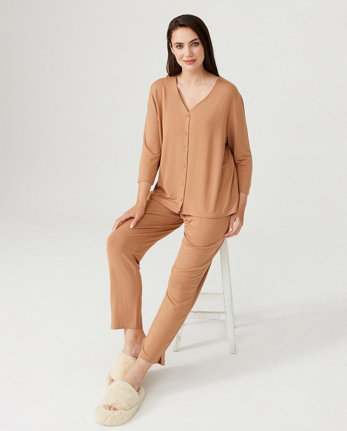 Plus Size Loungewear Set - Light Brown - Ocoza