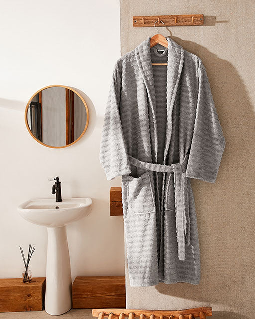 Ribbed Cotton Bathrobe - Dark Grey - Ocoza