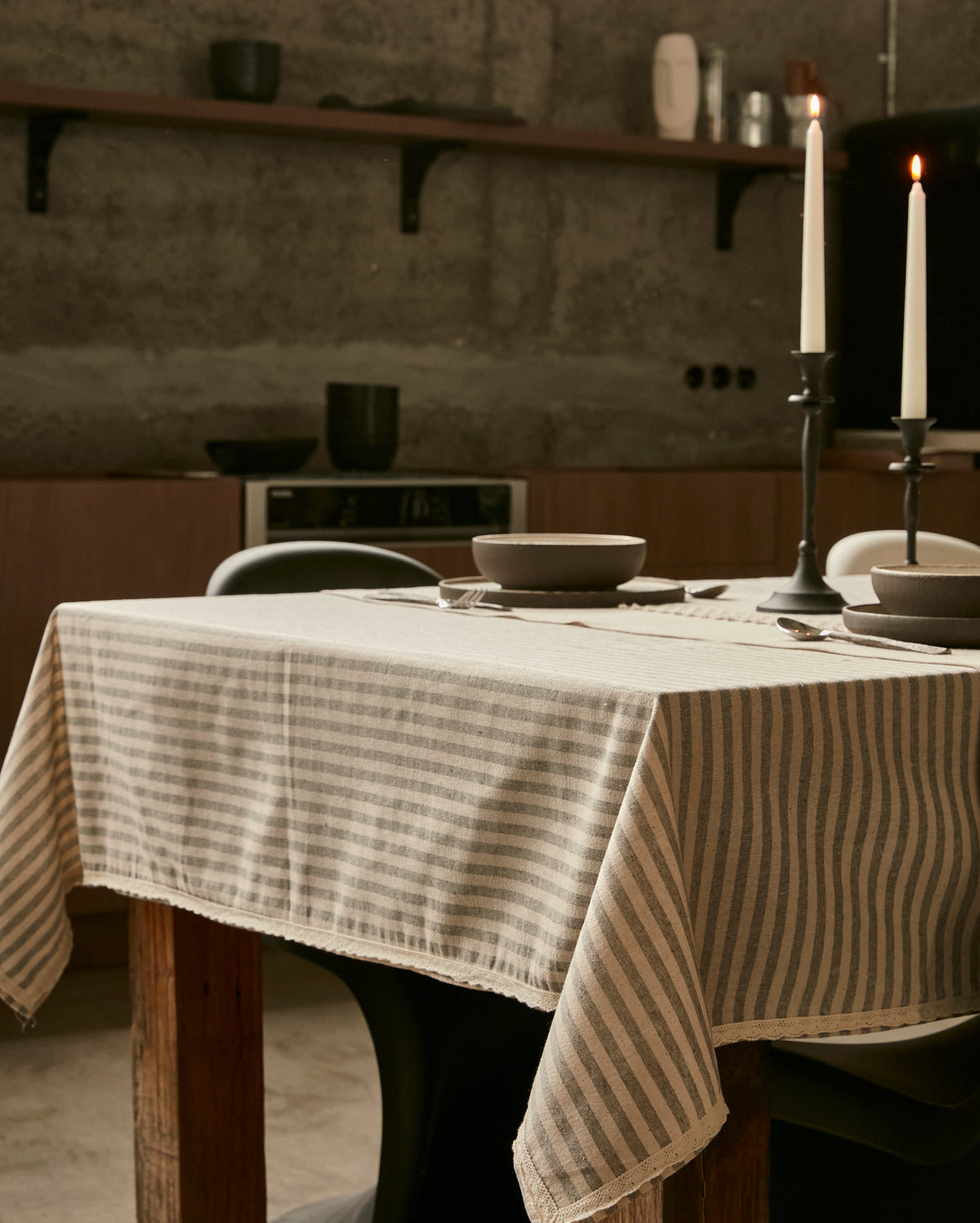 Striped Linen Table Cloth - Grey - Ocoza